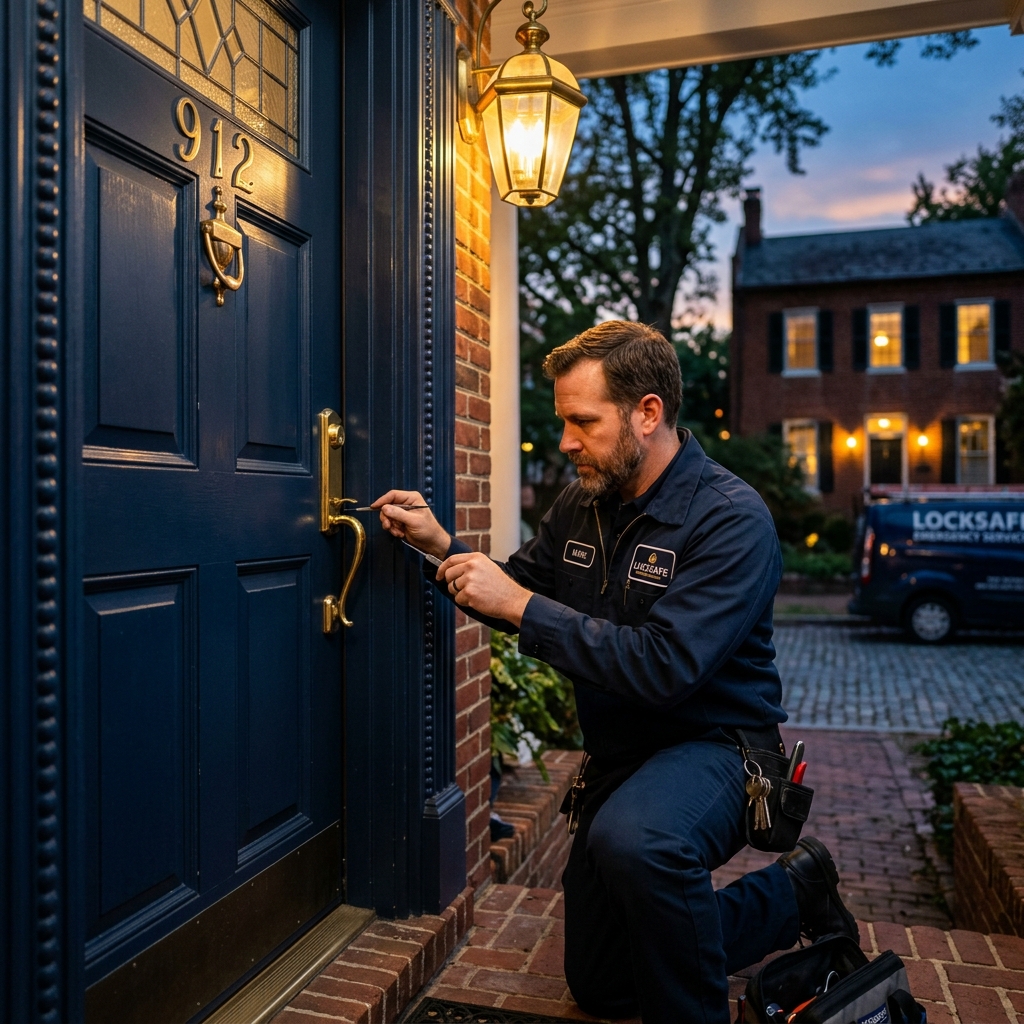 Locksmith opening a residential door during a lockout call