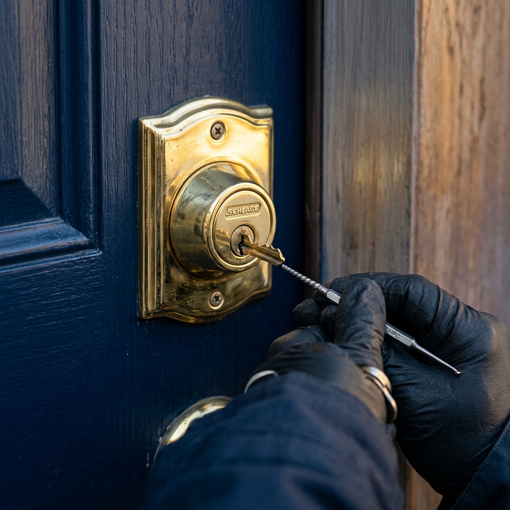 Locksmith working on a residential deadbolt and door hardware