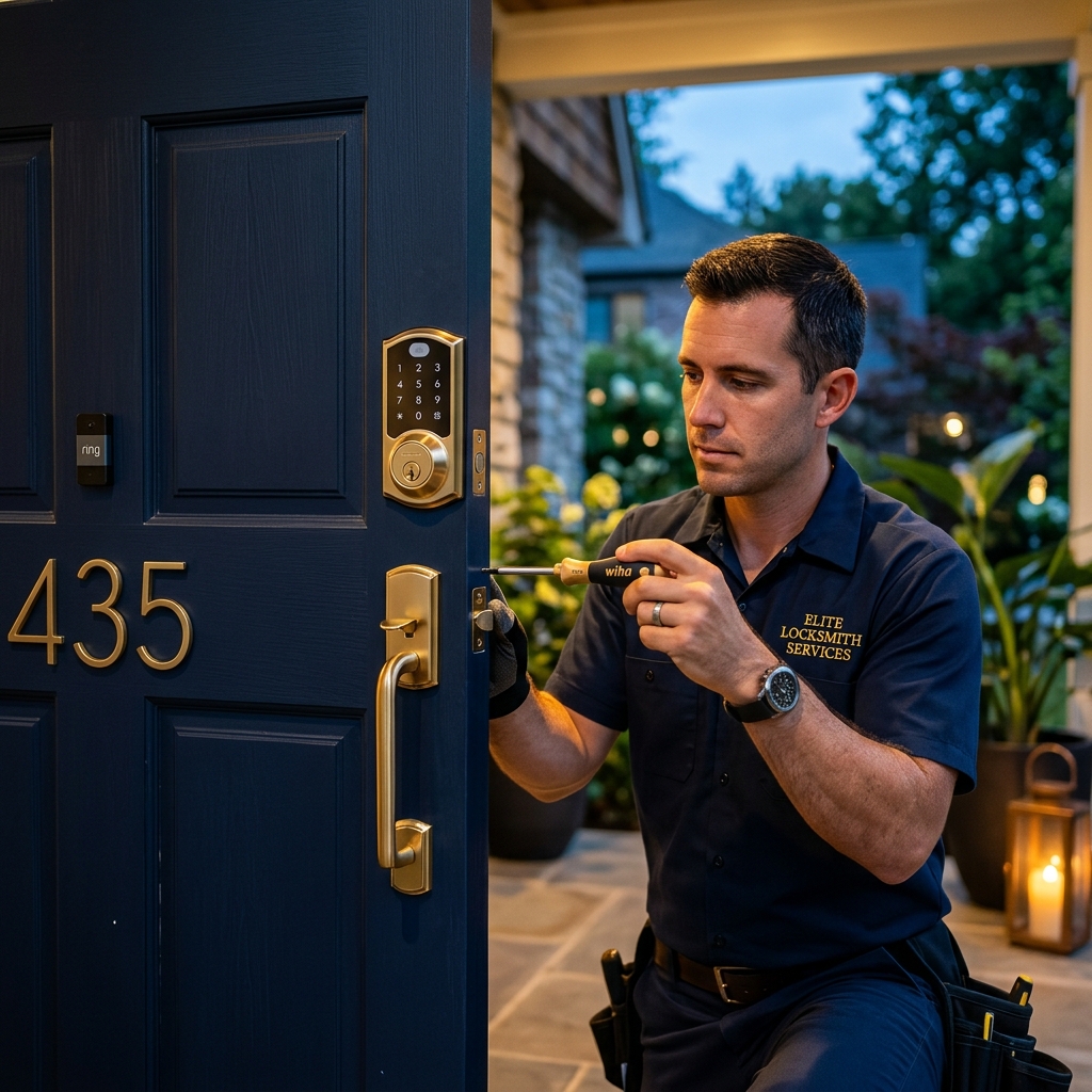 Smart deadbolt installed on a residential entry door