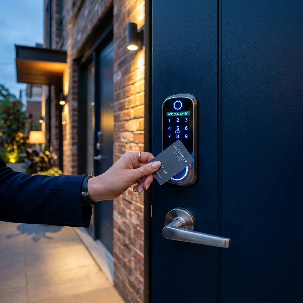 Keypad smart lock fitted to a residential entry door